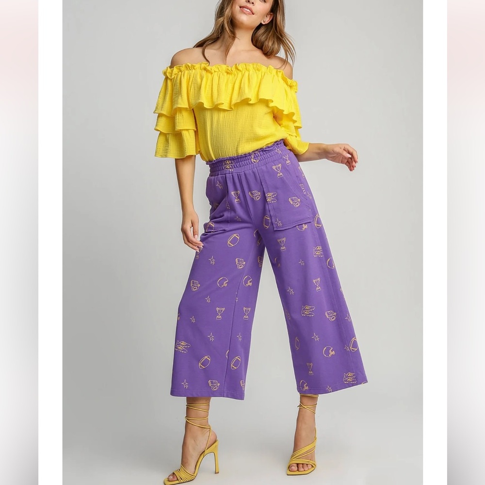 🏈Umgee Purple and Gold Wide Leg Terry Waistband Pants/Cropped Football Game Day